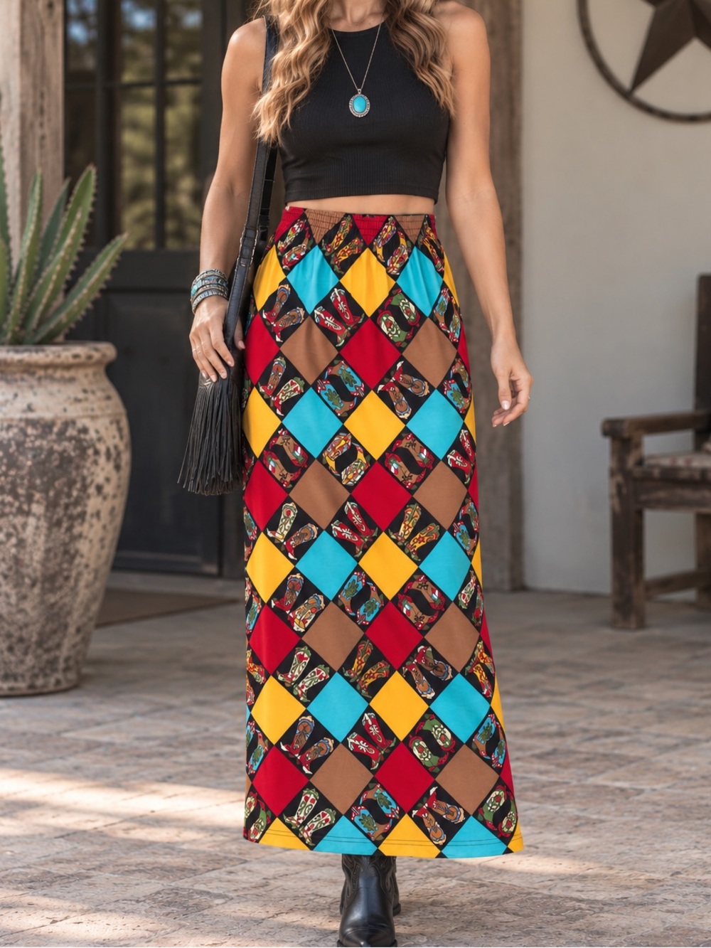 Cowboy Boot Print Bob Mackie Sz S Colorful Patchwork Maxi Skirt Vintage
